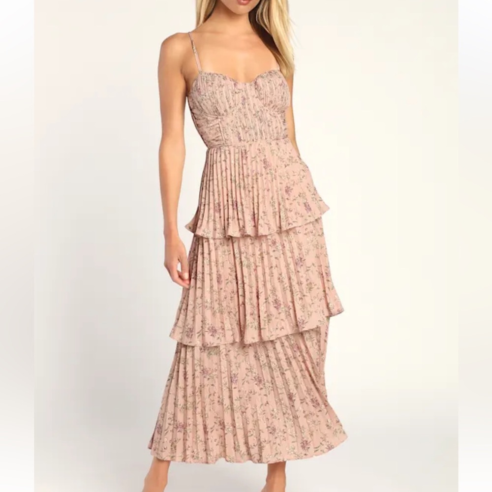 NWT Lulu's Cascading Crush Pink Floral Print Tiered Bustier Midi Dress